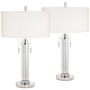 Possini Euro Design Cadence 30" Tall Glass Column Large Modern Glam End Table Lamps Set of 2 Pull Chain Clear Living Room Bedroom Bedside White Shade - 1 of 4
