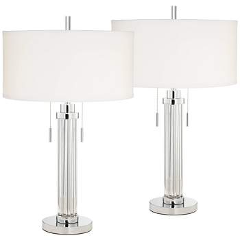 Possini Euro Design Cadence 30" Tall Glass Column Large Modern Glam End Table Lamps Set of 2 Pull Chain Clear Living Room Bedroom Bedside White Shade