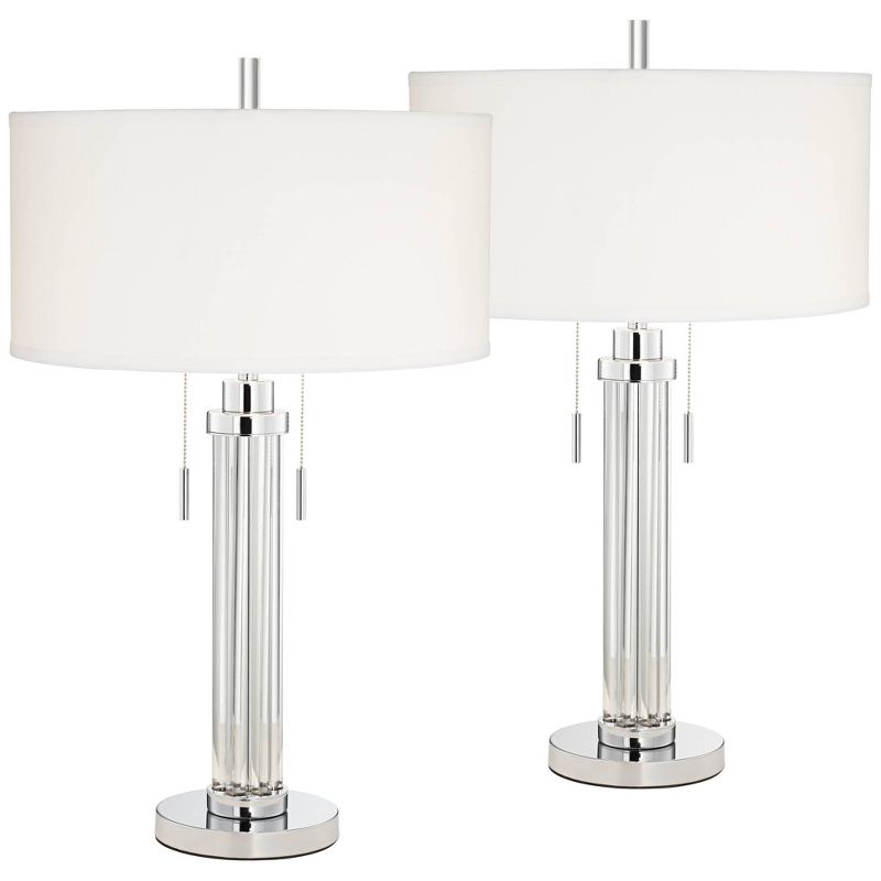 Possini Euro Design Cadence 30" Tall Glass Column Large Modern Glam End Table Lamps Set of 2 Pull Chain Clear Living Room Bedroom Bedside White Shade, 1 of 9