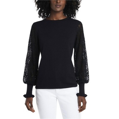 Vince Camuto Womens Paisley Lace Sleeve Pullover Sweater