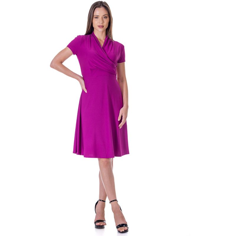 24seven Comfort Apparel Womens Short Sleeve Knee Length V Neck Rouched Wrap Dress, 1 of 9