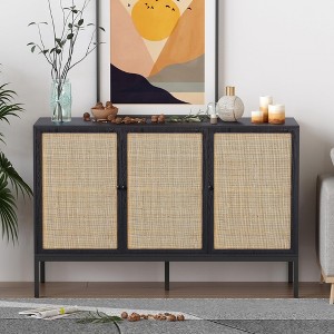 Brafabhome Sideboard Buffet Cabinet with 3 Rattan Doors, Wood Storage Credenza with Steel Legs for Living Room, Dining Room, Entryway, Kitchen | Black - 1 of 4
