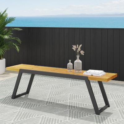 Wooakway Modern 63" L Weather-resistant Acacia Wood Patio Bench with Adjustable Levelers Classic Slat Panel Durable Solid Hardwood Frame