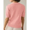 Women's Cable Short Sleeve Sweaters Tops Solid Lapel V Neck Cable Knit Casual Soft Pullover Shirt - 3 of 4