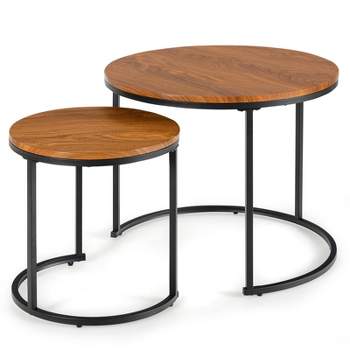 Tangkula 2PCS Stacking Metal Legs Modern Side Round Nesting Coffee Table w/ Wooden Tabletop for Living room Rustic Brown/Brown
