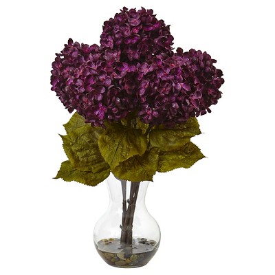 18"H Hydrangea Silk Flower Arrangement with Glass Vase - Nearly Natural