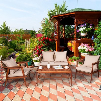 Costway 4PCS Patio Rattan Furniture Set Acacia Wood Frame Cushioned Sofa Chair Garden