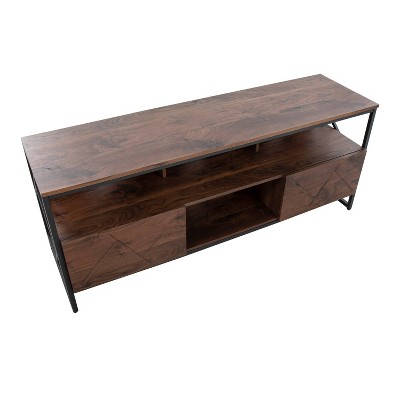 Modern Walnut Wood & Black Steel TV Stand with Cabinet