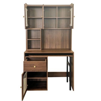 Vynxaria Computer Desk with Rotating Desktop, Glass Door Cabinets & Storage, Home Office Study Workstation