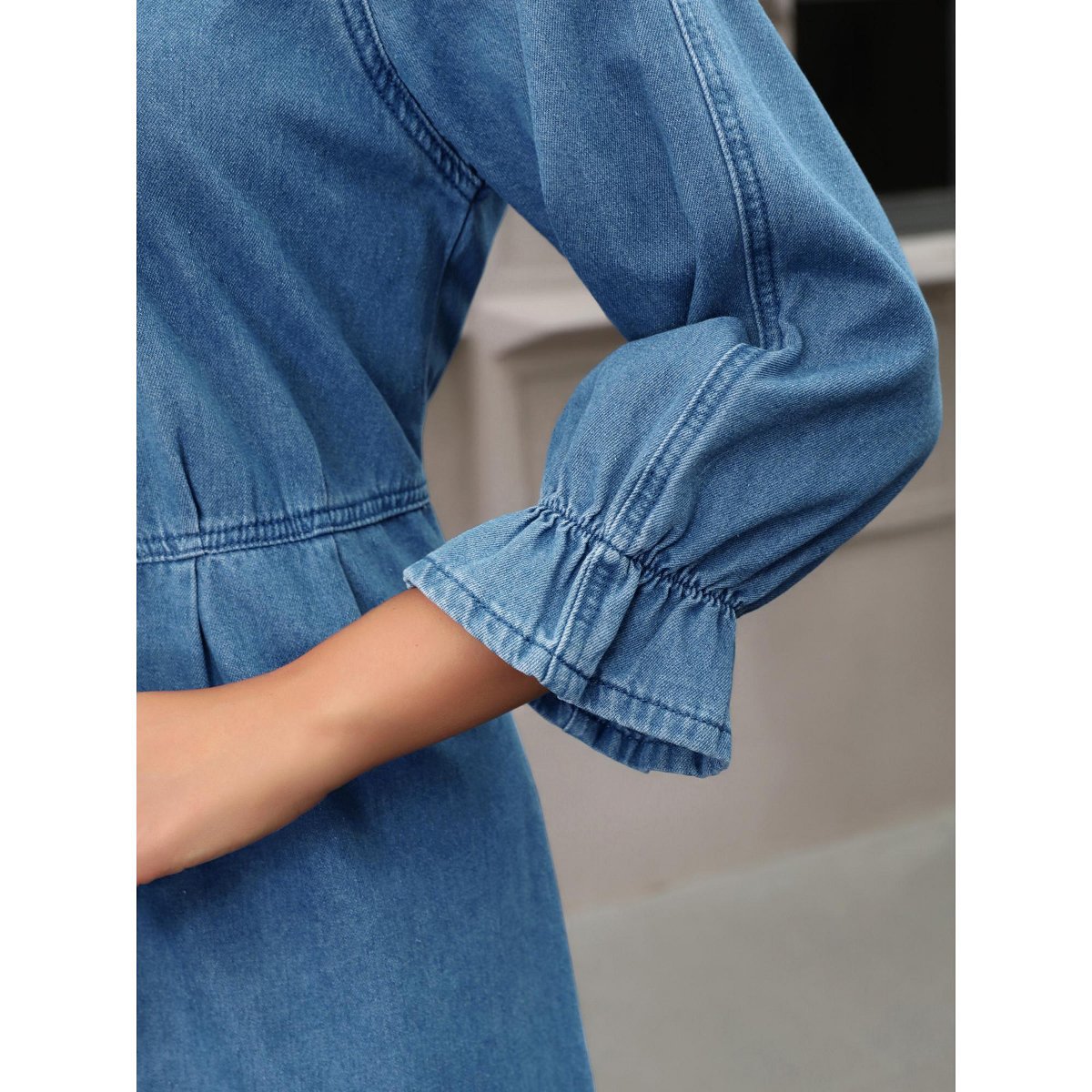 Женские платья INSPIRE CHIC Women's Denim Casual Ruffle Long Sleeve Button Down Midi Jean Shirt Dress Blue Small 2 Packs Blue/Light Blue XX-Large — фото 5