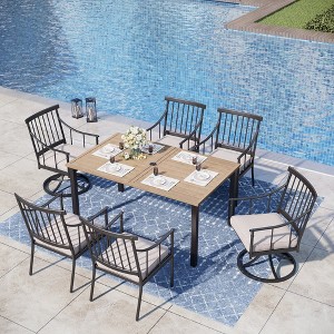 Captiva Designs 7pc Patio Wood-look Slatt-top Steel Table with Umbrella Hole & Stylish Cushioned Arm Metal Chairs - 1 of 4