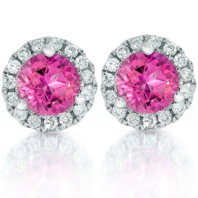 Pompeii3 1ct Pink Topaz & Diamond Halo Studs 10K White Gold