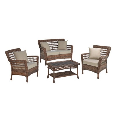 4pc Modern Concept Faux Sea Grass Resin Rattan Conversation Set - W Unlimited