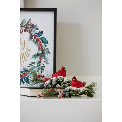 Red and White Resin Cardinal Bird Figurines on Snowy Branches, Set of 4