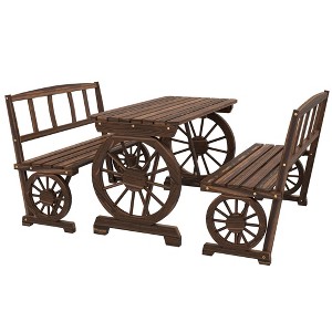 Resenkos Patio Table and Chairs for 4 People, A Table And Two Dining Benches, Wagon Wheel Design, Pine Wood, Brown - 1 of 4