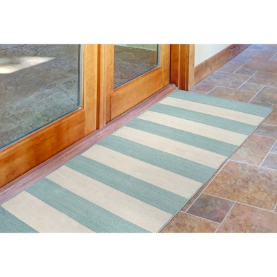 Handmade Blue and White Striped Synthetic Runner Rug 2' x 8'