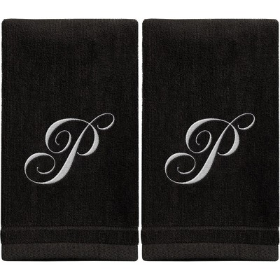 Creative Scents Black Fingertip Monogrammed Towels White Embroidered