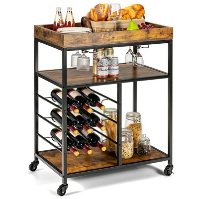 Costway 3-Tier Rolling Kitchen Serving Cart Utility Trolley w/ Wine Bottle Rack