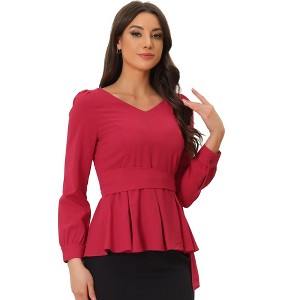 Allegra K Women's Long Sleeve V Neck Irregular Hem Belted Peplum Blouses - 1 of 4