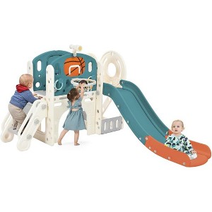 HDPE Kids Slide Playset Structure, Freestanding Castle Climbing Crawling Playhouse with Slide, Arch Tunnel, Ring Toss, and Basketball Hoop - 1 of 4