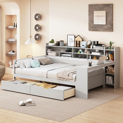 NicBex Full Size Daybed Multifunctional Frame Day Bed with Trundle, Storage Shelves, 2 Spacious Drawers and 1 Integrated Desk for Apartment
