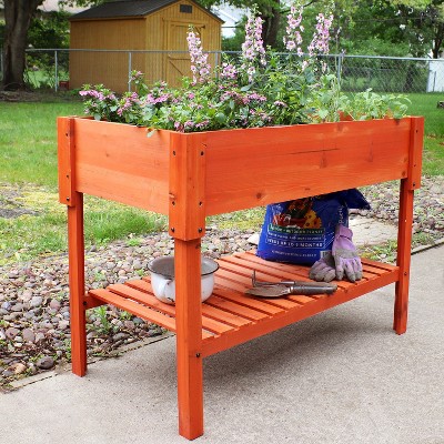 Sunnydaze Stained Fir Wood Raised Garden Bed with Shelf