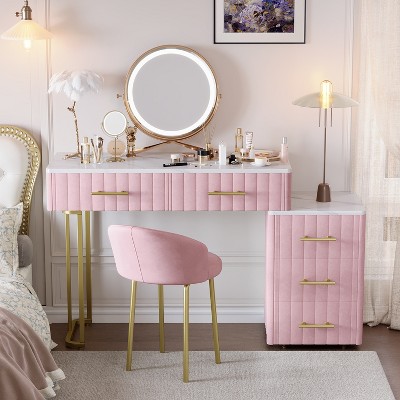 VYNXARIA Velvet Upholstered Vanity Set with Chair - Makeup Table with 5 Large Drawers & Adjustable Storage, Marble-Look Top, Pink