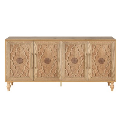 Vynxaria Carved Flower Door Large Storage Cabinet With Metal Handle Suitable For Living Room, Kitchen, Entryway(NATURAL WOOD)