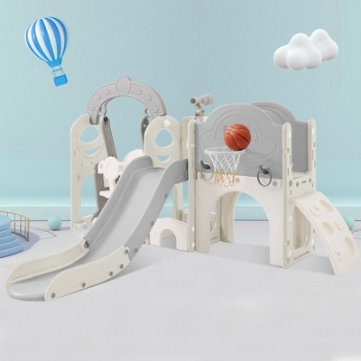 7-in-1 Kids Slide and Swing Set, Toddler Freestanding Slide Playset With Basketball Hoop, Climbing Frame for Playground Birthday Gifts