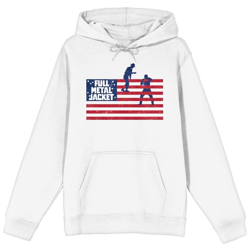 Full Metal Jacket United States Flag With Title Logo and Two Soldiers Men's White Hoodie, 1 of 3