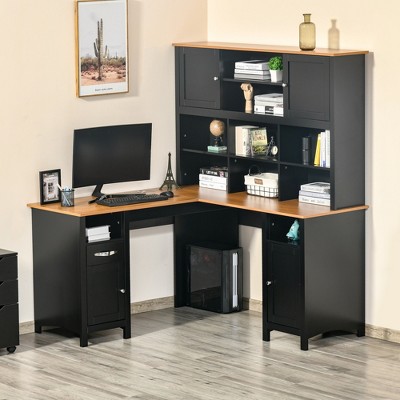 Black L-Shaped Wood Computer Desk with Hutch and Drawer