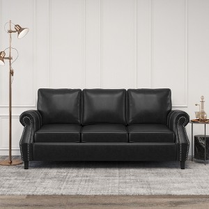 Contemporary PU Leather Sofa, 3-Seater with Nailhead Detailing and Birch Wood Frame for Living Room - 1 of 4