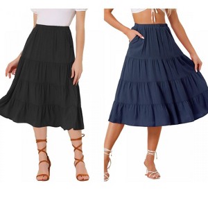 INSPIRE CHIC Women's Midi Solid Elastic Waist Flare Tiered A-Line Skirt with Pockets 2 Packs - 1 of 4