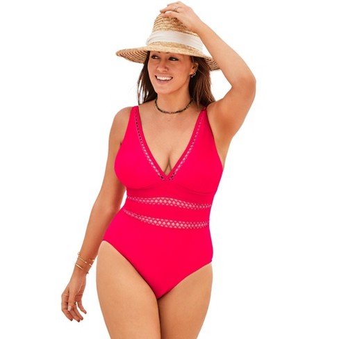 Swimsuits For All Women's Plus Size Tummy Control V Neck Lattice