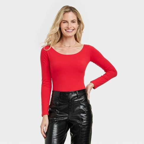 Women's Slim Fit Long Sleeve Ribbed Crewneck T-shirt - A New Day™ Red Xl :  Target