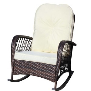 Gulches Outdoor Wicker Rocking Chair  Brown Rattan Chair with Thick Beige Cushions, Steel Frame for Patio Garden Backyard - 1 of 4
