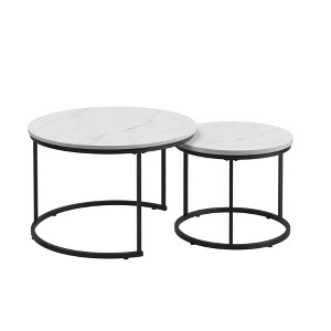 LIVAREEmlen Coffee Table Set of 2, 27.6 inch Round Table Wood Marble Pattern Top with Sturdy Metal Frame for Living Room Bedroom Balcony Yard (White) - 1 of 4