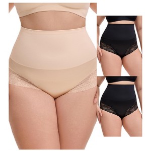 INSPIRE CHIC 3 Packs Women's Lace Trimmed Tummy Control High Waisted Soft Breathable Full Coverage Briefs - 1 of 4