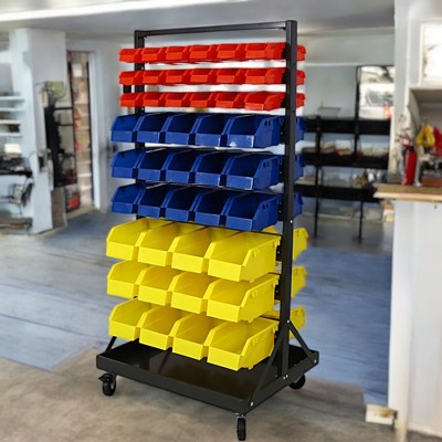 Alilang 28.50 Inch Multi-Tiered Rolling Storage Bin Organizer with Color-Coded Plastic Bins and Steel Frame for Home or Garage - Black