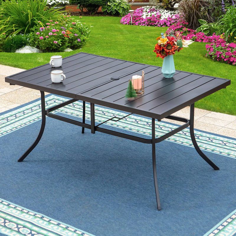7pc Outdoor Dining Set with Sling Chairs &#38; Rectangle Metal Table with Umbrella Hole - Black - Captiva Designs, 3 of 15