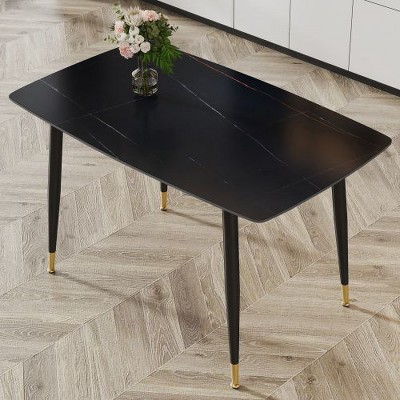 CENGHU Modern Minimalist Rectangular Dining Table for 6, Kitchen Table with Black Sintered Stone Tabletop and Golden Stripe Pattern for Kitchen