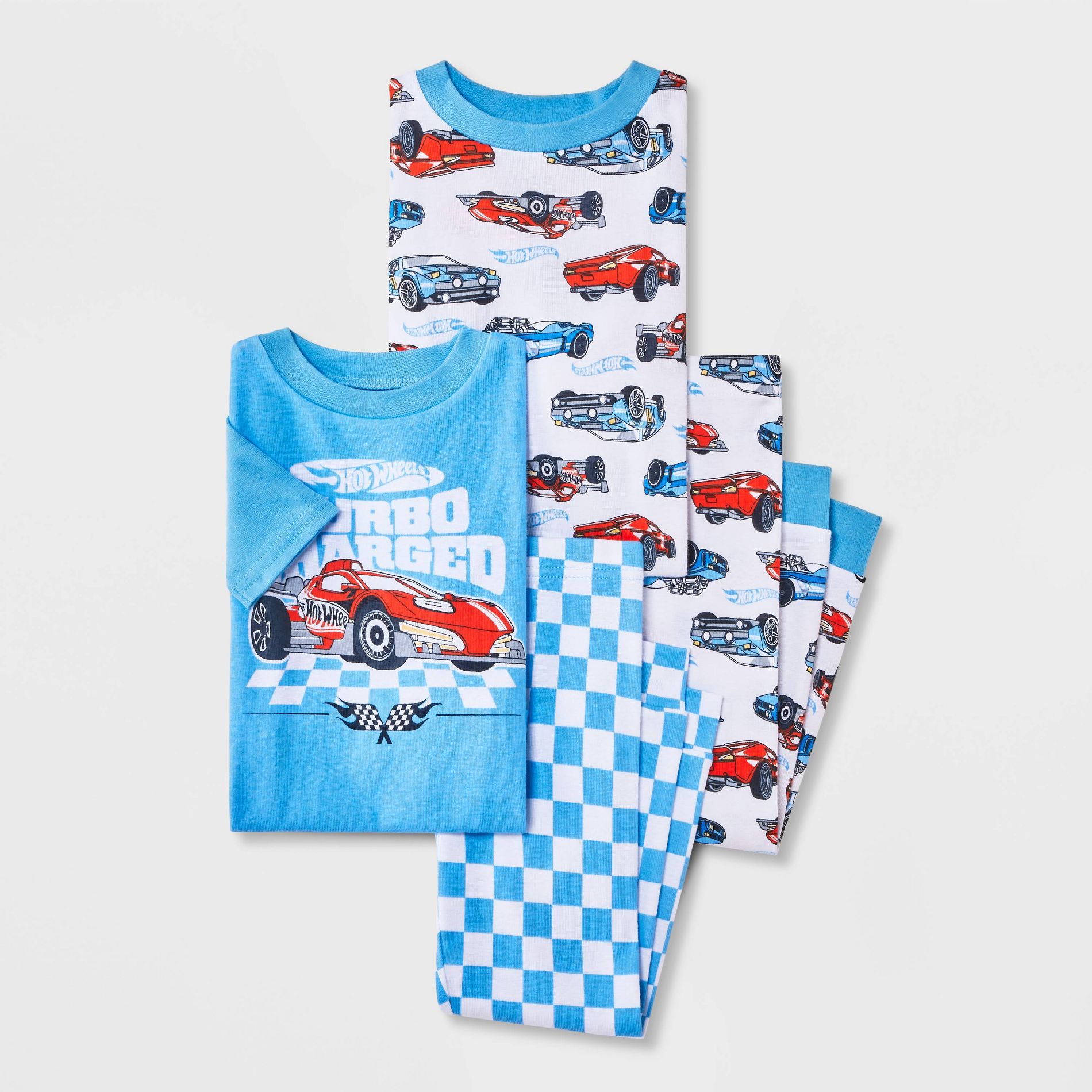Toddler Boys' 4pc Hot Wheels Cotton Pajama Set - Blue/White