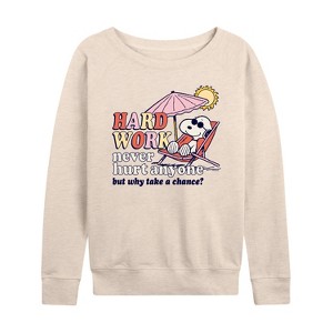 Women's - Peanuts - Hard Work Lightweight French Terry Wide Neck Long Sleeve Shirt - 1 of 4