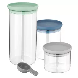 BergHOFF LEO Glass 4Pc Food Storage Container Set With Measuring Spoon, Airtight Lids, Green, Blue, Grey