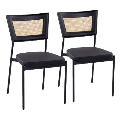 Set of 2 Rattan Tania Dining Chairs Black/Rattan - LumiSource: Faux Leather Seat, Steel Legs, Modern Design