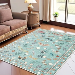 Floral Insect Print Washable Area Rugs for Living Room, Modern Non Slip Low Pile Area Rug - 1 of 4