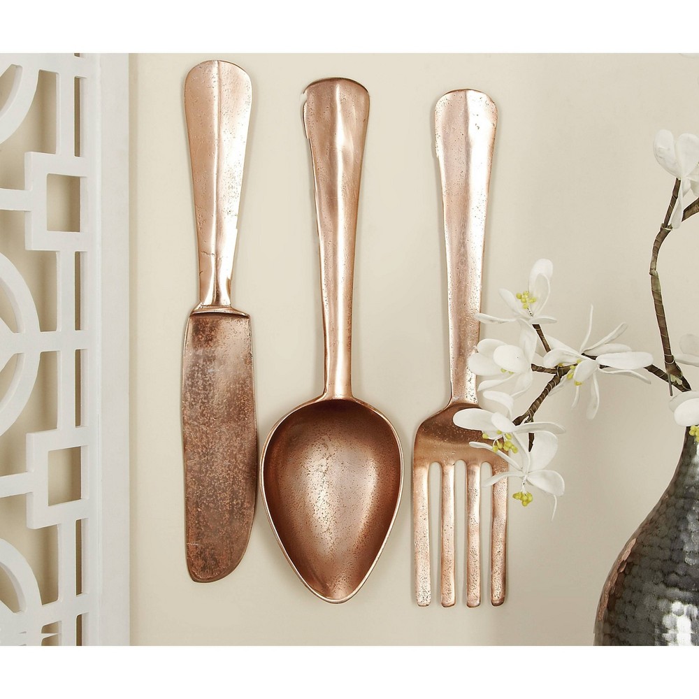 Photos - Wallpaper 7" x 23" Set of 3 Aluminum Utensils Knife, Spoon and Fork Wall Decors Gold