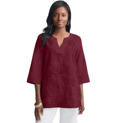 Jessica London Women's Plus Size Linen V-Neck Embroidered Tunic