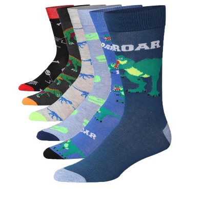 JAMES FIALLO Mens 6-Pairs Funky Novelty Jurassic Joy Colorful Patterned Crew Dress Socks