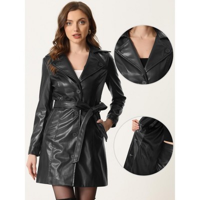 INSPIRE CHIC Women's Notched Lapel Collar Button Down Steampunk Faux Leather Coat with Belt Large Black — фото 2